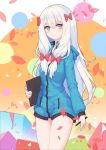  10s 1girl absurdres bangs blue_eyes bow circle cowboy_shot cube eromanga_sensei eyebrows_visible_through_hair green_jacket hair_between_eyes hair_bow highres holding holding_pen hood hooded_jacket izumi_sagiri jacket long_hair looking_at_viewer multicolored multicolored_background multicolored_eyes older partially_unzipped petals red_bow silver_hair smile solo stylus tablet yao_ren_gui yellow_eyes 