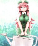  1girl beret black_bow blue_eyes bow braid breasts chinese_clothes cowboy_shot hair_bow hat highres hong_meiling large_breasts long_hair looking_away neck_ribbon parted_lips puffy_short_sleeves puffy_sleeves redhead ribbon shirosato short_sleeves solo star touhou twin_braids v_arms watering_can 