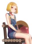  1girl :o blonde_hair breasts chainsaw chair collarbone fate/grand_order fate_(series) hands_together hat highres mizya naked_overalls orange_eyes overalls paul_bunyan_(fate/grand_order) short_hair sitting small_breasts solo 