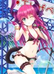  10s 1girl bangle bikini bird blown_kiss blue_eyes blush bow_bikini bracelet bubble collarbone cowboy_shot eyebrows_visible_through_hair fate/extra fate/extra_ccc fate/grand_order fate_(series) flat_chest frilled_bikini frills guhua67 hair_ribbon highres horizon horns jewelry lancer_(fate/extra_ccc) leg_up microphone microphone_stand navel ocean one_eye_closed pink_hair pointy_ears ribbon seagull solo stage swimsuit tail thigh_strap 