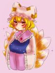  1girl blonde_hair blush breasts dress fox_tail frills fukufukupine hands_in_sleeves hat kyuubi mob_cap multiple_tails pillow_hat short_hair simple_background solo sparkle tabard tail touhou yakumo_ran yellow_eyes 