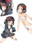  1girl akino_shuu black_gloves black_hair chise_(princess_principal) fingerless_gloves flat_chest flower gloves hair_flower hair_ornament hikimayu holding holding_sword holding_weapon katana princess_principal short_hair solo sword underwear violet_eyes weapon white_background 