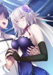  1boy 1girl :d absurdres ahoge armpit_peek asakura_kukuri bangs bare_shoulders black_gloves blue_dress blush breasts choker commentary_request couple covered_navel dancing dress elbow_gloves face-to-face fate/grand_order fate_(series) flower fujimaru_ritsuka_(male) gloves grin hair_flower hair_ornament hand_holding highres interlocked_fingers jeanne_alter long_hair medium_breasts open-back_dress open_mouth ribbon_choker ruler_(fate/apocrypha) silver_hair smile upper_body very_long_hair yellow_eyes 