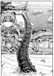1girl animal_ears comic crossover day elbow_gloves eyebrows_visible_through_hair gloves godzilla godzilla_(series) greyscale highres jaguar_(kemono_friends) jaguar_ears kemono_friends kishidashiki looking_at_another monochrome outdoors shin_godzilla short_hair silent_comic swimming tail tail_raised tsurime water