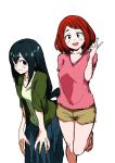  10s 2girls :d asui_tsuyu black_eyes black_hair boku_no_hero_academia breasts cardigan casual cleavage long_hair looking_at_viewer medium_breasts multiple_girls open_mouth pink_shirt ruuto_(sorufu) shirt short_hair short_sleeves shorts simple_background skirt slippers smile uraraka_ochako v white_background 