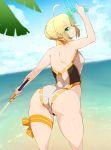  1girl ahoge artoria_pendragon_(all) artoria_pendragon_(swimsuit_archer) ass back bare_shoulders beach blonde_hair excalibur fate/grand_order fate_(series) green_eyes highres looking_at_viewer ocean one-piece_swimsuit outdoors palm_tree saber sekiyu_(spartan) smile solo swimsuit tree water_gun 