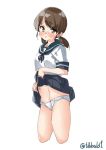  1girl ass black_skirt blush brown_eyes brown_hair cowboy_shot ebifurya flat_ass groin highres kantai_collection lifted_by_self looking_at_viewer low_twintails navel open_mouth panties pleated_skirt shirayuki_(kantai_collection) short_sleeves simple_background skirt skirt_lift solo stomach sweat twintails twitter_username underwear white_background white_panties 