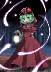  1girl black_gloves breasts commentary_request dress elbow_gloves front_ponytail gloves green_eyes green_hair hair_ribbon hammer_(sunset_beach) impossible_clothes impossible_dress kagiyama_hina lantern long looking_at_viewer medium_breasts open_mouth red_dress ribbon smile solo touhou 