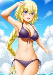  1girl :d absurdres abukobato alternate_costume armpits bangs bikini blonde_hair blue_eyes blush braid breasts cleavage clouds cloudy_sky collarbone cowboy_shot day fate/apocrypha fate_(series) highres large_breasts long_hair looking_at_viewer navel open_mouth purple_bikini ruler_(fate/apocrypha) side-tie_bikini single_braid sky smile solo stomach swimsuit under_boob very_long_hair wading 