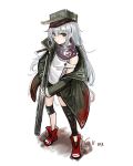  1girl absurdres artist_name bangs black_scarf blush brown_eyes character_name closed_mouth coat eyebrows_visible_through_hair flat_cap g11_(girls_frontline) girls_frontline grey_hair gun hair_between_eyes hat highres holding holding_gun holding_weapon knee_pads long_hair looking_at_viewer mhg_(hellma) open_clothes open_coat scarf shoes signature silver_hair simple_background sketch sneakers solo weapon white_background 