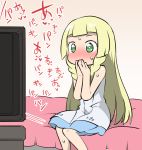  1girl bed blonde_hair blush braid commentary_request dress fukurou_(owl222) green_eyes lillie_(pokemon) long_hair on_bed pokemon pokemon_(game) pokemon_sm sitting sitting_on_bed sleeveless sleeveless_dress solo sweat television translated twin_braids watching_television white_dress 
