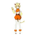  1girl ;) animal_ears ankle_cuffs argo_the_rat blonde_hair brown_eyes cat_ears cat_tail collarbone crop_top elbow_gloves full_body gloves grey_legwear hair_between_eyes head_tilt highres midriff nvel one_eye_closed orange_shirt orange_shorts shirt short_hair shorts slit_pupils smile solo standing stomach striped sword_art_online tail thigh-highs transparent_background vertical-striped_shorts vertical_stripes waving yellow_gloves 