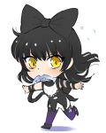  1girl black_hair blake_belladonna bow chibi commentary_request fish food_in_mouth hair_bow lowres rwby rwby_chibi solo yellow_eyes 