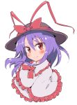  1girl bangs blush bow brown_eyes brown_hat closed_mouth frills hair_between_eyes hat hat_bow ini_(inunabe00) looking_at_viewer nagae_iku purple_hair red_bow sidelocks simple_background smile solo touhou upper_body white_background 