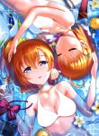  2girls blue_eyes blush bowtie_removed breasts cleavage closed_eyes facing_another flower food fruit hair_ornament highres hkn_(ringya) kousaka_honoka large_breasts looking_at_viewer love_live! love_live!_school_idol_project love_live!_sunshine!! multiple_girls navel orange orange_hair parted_lips short_hair short_ponytail side_ponytail smile takami_chika water 