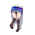  1girl ass black_panties blue_skirt boots brown_boots commentary_request from_behind highres hinanawi_tenshi knee_boots lower_body neropaso panties simple_background skirt solo striped striped_panties stuck touhou underwear vertical-striped_panties vertical_stripes white_background 