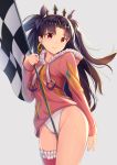  1girl black_hair checkered checkered_flag cowboy_shot crown earrings eyebrows_visible_through_hair fate/grand_order fate_(series) hair_ribbon highleg highleg_swimsuit highres hood hoodie hoop_earrings ishtar_(fate/grand_order) jewelry looking_at_viewer ribbon single_thighhigh solo swimsuit swimsuit_under_clothes thigh-highs thighs tohsaka_rin two_side_up white_swimsuit yan_(nicknikg) 