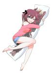  1girl barefoot blue_eyes dakimakura_(object) from_above hakua_shou highres kumagai_yuuki looking_at_viewer mikame_miharu off_shoulder official_art one_eye_closed pillow pillow_hug re:creators re:creators_one_more! shorts simple_background solo two_side_up white_background 