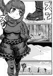  1girl blush boots closed_mouth comic crossover day elbow_gloves expressionless frilled_skirt frills gloves godzilla godzilla_(series) greyscale hairband hands_up head_tilt highres kemono_friends kishidashiki looking_to_the_side monochrome night outdoors pantyhose personification shin_godzilla shirt short_hair short_sleeves silent_comic skirt solo tail walking 