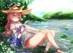  1girl animal_ears bikini blue_bikini blush breasts cleavage ears_through_headwear fate/grand_order fate_(series) fox_ears hat highres large_breasts long_hair looking_at_viewer mosta_(lo1777789) outdoors pink_hair see-through solo swimsuit tamamo_(fate)_(all) tamamo_no_mae_(swimsuit_lancer)_(fate) water wet wet_clothes yellow_eyes 