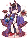  1girl barefoot_sandals blush bowl chibi collarbone eyebrows_visible_through_hair fate/grand_order fate_(series) flat_chest food fruit full_body grapes holding holding_bowl horns looking_at_viewer naga_u navel open_mouth purple_hair short_hair shuten_douji_(fate/grand_order) smile solo violet_eyes 