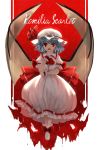  1girl ascot bangs bat_wings blue_hair dress fangs frilled_shirt_collar frills full_body hat hat_ribbon highres looking_at_viewer mob_cap parted_lips puffy_short_sleeves puffy_sleeves red_eyes red_ribbon remilia_scarlet ribbon short_hair short_sleeves smile solo standing suna_(s73d) touhou white_dress wings wrist_cuffs 