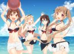  4girls adapted_costume ball beach beachball bikini bikini_skirt black_hair blonde_hair blue_eyes breasts brown_eyes closed_eyes day hair_flaps hair_ornament jacket kantai_collection knee_up long_hair looking_at_viewer medium_breasts multiple_girls murasame_(kantai_collection) naoto_(tulip) navel open_mouth outdoors parted_lips red_eyes remodel_(kantai_collection) sarong scarf shigure_(kantai_collection) shiratsuyu_(kantai_collection) shorts swimsuit twintails white_bikini white_jacket white_scarf white_shorts wristband yuudachi_(kantai_collection) 
