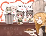  4girls blonde_hair blush chef_hat cigarette closed_eyes cookie_(touhou) english eyebrows_visible_through_hair facing_viewer fake_nyon_(cookie) grey_hair haiperion_buzan hat holding holding_cigarette holding_plate holding_sign holding_spoon kirisame_marisa kofji_(cookie) laughing long_hair looking_at_viewer multiple_girls nazrin nyon_(cookie) open_mouth parted_lips plate red_eyes short_hair sign smile spoon suzu_(cookie) touhou translation_request white_hat 