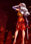  1girl ass bare_legs bare_shoulders barefoot bow breasts detached_sleeves dress from_behind full_body hatchet hater_(hatater) highres holding large_breasts leaf long_hair multicolored multicolored_clothes multicolored_dress oriental_hatchet sakata_nemuno solo standing touhou wavy_hair weapon white_hair 