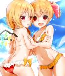  2girls ass bangs bare_arms bikini black_bikini blonde_hair blue_sky breasts butt_crack clouds cloudy_sky day eyebrows_visible_through_hair flandre_scarlet frilled_bikini frills groin hair_ribbon highres looking_at_viewer multiple_girls navel open_mouth outdoors red_bikini red_eyes red_ribbon ribbon rumia shiron_(e1na1e2lu2ne3ru3) sky small_breasts smile stomach swimsuit touhou wings 