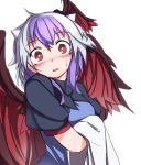  1girl bangs bird_wings blush brown_eyes dress from_side furorina looking_at_viewer looking_to_the_side multicolored_hair nose_blush puffy_short_sleeves puffy_sleeves purple_hair short_sleeves solo tokiko_(touhou) touhou towel two-tone_hair upper_body white_hair wings 
