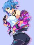  1girl :d ass blue_hair bracelet breasts diagonal_stripes double_bun earrings fingerless_gloves from_side gloves hand_in_pocket jewelry jpeg_artifacts mirai_denki multicolored multicolored_clothes multicolored_hair nanasaki_nicole open_mouth pantyhose_under_shorts purple_background shorts smile solo spiked_bracelet spikes streaked_hair tank_top tokyo_7th_sisters 