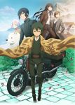  2boys beach belt black_hair brown_eyes brown_hair coat dog green_eyes ground_vehicle hermes highres key_visual kino kino_no_tabi long_hair motor_vehicle motorcycle mountain multiple_boys multiple_girls official_art petals riku_(kino_no_tabi) shirt shizu short_hair silver_hair stone_walkway suitcase tea_(kino_no_tabi) turtleneck white_shirt 