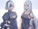  2girls android bare_shoulders black_dress black_gloves black_hairband blindfold blue_eyes breasts cleavage_cutout dress gloves hairband highres long_hair long_sleeves mole mole_under_mouth multiple_girls nier_(series) nier_automata short_hair silver_hair smile tank_top yorha_no._2_type_b yorha_type_a_no._2 yorukun 