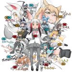  6+girls absurdres animal_ears character_name character_request commentary_request doitsuken everyone eyebrows_visible_through_hair fennec_(kemono_friends) highres holding holding_weapon japanese_crested_ibis_(kemono_friends) kamaichi_(kemono_friends) kemono_friends mammoth_(kemono_friends) multiple_girls oinari-sama_(kemono_friends) pose projected_inset serval_(kemono_friends) simple_background spot_color tail tibetan_sand_fox_(kemono_friends) translation_request weapon white_background 