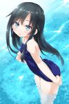  1girl alternate_costume asashio_(kantai_collection) black_hair blue_eyes blue_swimsuit blush dd_(ijigendd) highres kantai_collection long_hair one-piece_swimsuit open_mouth partially_submerged solo swimsuit water 