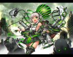  1girl @_@ city commentary_request detached_sleeves fang garter_straps gia gloves green_eyes highres looking_at_viewer mecha mind_control open_mouth original ruins short_hair silver_hair solo_focus thigh-highs 