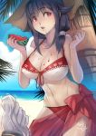  1girl admiral_(kantai_collection) asdj bangs beach bikini black_hair blush breasts cleavage collarbone cowboy_shot day erect_nipples food fruit groin hair_over_shoulder highres kantai_collection large_breasts long_hair looking_at_viewer navel outdoors parted_lips pov pov_hands red_eyes ryuuhou_(kantai_collection) sarong solo_focus stomach swimsuit taigei_(kantai_collection) watermelon watermelon_seeds 