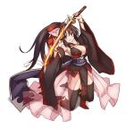  1girl animal_ears arched_back bangle black_boots black_hair black_legwear blush boots bow bracelet breasts cat_ears cat_tail cleavage detached_sleeves flaming_sword full_body hair_bow highres holding holding_sword holding_weapon jewelry katana kazana_(sakuto) kneeling large_breasts light_smile long_hair looking_at_viewer noihara_himari omamori_himari open_mouth panties pelvic_curtain ponytail pose see-through showgirl_skirt simple_background solo sword tail thigh-highs underwear very_long_hair violet_eyes weapon white_background white_panties 