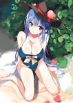  1girl bangs bare_legs bare_shoulders barefoot black_hat blue_hair breasts cleavage collarbone day food fruit hat hat_ribbon highres hinanawi_tenshi large_breasts long_hair looking_at_viewer mole mole_on_breast peach red_eyes red_ribbon ribbon school_swimsuit sitting solo swimsuit tetsurou_(fe+) touhou very_long_hair wariza 