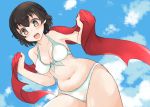  10s 1girl abenattou bangs bikini blue_bikini breasts brown_eyes brown_hair caesar_(girls_und_panzer) clouds cloudy_sky cowboy_shot day front-tie_bikini front-tie_top girls_und_panzer holding leaning_forward looking_at_viewer medium_breasts open_mouth outdoors red_scarf scarf short_hair sky smile solo standing swimsuit 