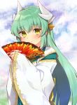 1girl agsen bangs blush closed_mouth dragon_girl dragon_horns eyebrows_visible_through_hair fan fate/grand_order fate_(series) green_hair holding holding_fan horns japanese_clothes kiyohime_(fate/grand_order) long_hair looking_at_viewer smile solo upper_body wide_sleeves yellow_eyes 