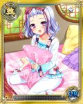  1girl artist_request barefoot bed blue_hair blush card_(medium) koihime_musou official_art open_mouth pajamas pants pillow pillow_hug ribbon shirt short_hair sitting smile solo toutaku violet_eyes white_pajamas white_pants white_shirt window 