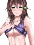  1girl blush breasts brown_hair ceijin closed_mouth collarbone commentary green_eyes hair_ornament hairclip highres long_hair looking_at_viewer medium_breasts original purple_shirt shirt shirt_lift sketch sleeveless sleeveless_shirt smile solo upper_body white_background 