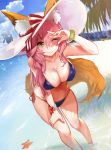  2girls ;) animal_ears beach bikini blue_bikini bracelet breasts cleavage closed_mouth fang fang_out fate/grand_order fate_(series) fox_ears fox_tail gluteal_fold hair_between_eyes hand_on_own_thigh hat hat_ribbon highres jewelry large_breasts leaning_forward long_hair multiple_girls navel one_eye_closed outdoors pink_hair ramuda_(guilty931) ribbon shading_eyes side-tie_bikini silhouette smile sparkle starfish sun_hat swimsuit tail tamamo_(fate)_(all) tamamo_no_mae_(swimsuit_lancer)_(fate) wading yellow_eyes 