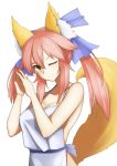  10s 1girl animal_ears apron blue_bow bow breasts cleavage collarbone eyebrows_visible_through_hair fate/extra fate_(series) fox_ears fox_tail hair_bow highres jilu large_breasts naked_apron one_eye_closed pink_hair solo tail tamamo_(fate)_(all) tamamo_no_mae_(fate) upper_body yellow_eyes 