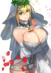  &gt;:) 10s 1girl bangs bare_shoulders blonde_hair blush breast_hold breasts chains cleavage closed_mouth cowboy_shot detached_sleeves fate/extra fate/extra_ccc fate_(series) full-length_zipper green_eyes large_breasts laurel_crown leotard lock long_sleeves looking_at_viewer padlock petals saber_bride saber_extra sleeves_past_wrists smile solo three_k_(spiritus_no_honoo) veil white_leotard zipper 