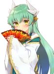  1girl agsen bangs blush closed_mouth dragon_girl dragon_horns eyebrows_visible_through_hair fan fate/grand_order fate_(series) green_hair holding holding_fan horns japanese_clothes kiyohime_(fate/grand_order) long_hair looking_at_viewer simple_background smile solo upper_body white_background wide_sleeves yellow_eyes 