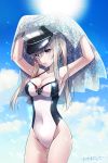  1girl adapted_costume armpits artist_name blonde_hair blue_eyes breasts clouds cloudy_sky collarbone day graf_zeppelin_(kantai_collection) hat highres kantai_collection large_breasts long_hair omoomomo one-piece_swimsuit peaked_cap sidelocks signature sky solo sun swimsuit twintails 