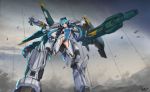  1girl animal bastion_(overwatch) bird black_gloves blue_bodysuit bodysuit breasts breasts_apart cannon chain_gun closed_mouth clouds cloudy_sky commentary_request covered_navel day full_body ganymede_(overwatch) gatling_gun gloves gluteal_fold gradient gradient_hair green_eyes green_hair groin gun hand_up highres long_hair long_sleeves looking_at_viewer low_twintails mecha_musume mechanical_arms medium_breasts minigun multicolored_hair outdoors overwatch personification pink_hair rifle sky solo streaked_hair tsuki_no_i-min turtleneck twintails two-tone_hair weapon 